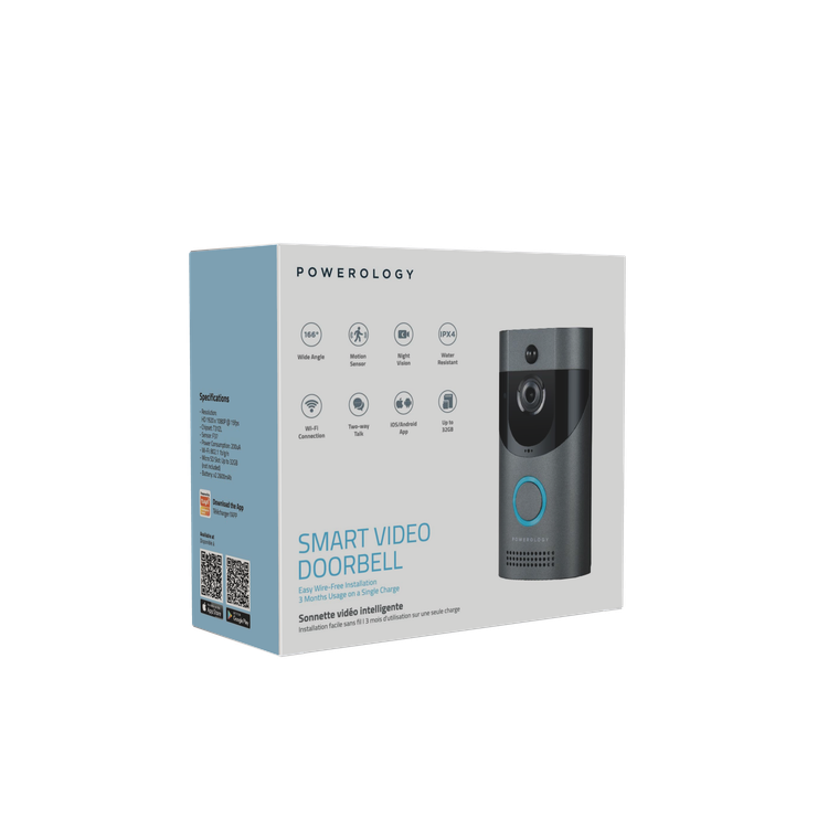Powerology Smart Doorbell with Motion Sensor, Wide Angle Video, Night Vision, Two-way Talk by Embedded Microphone, Supports Micro SD Card Up to 32GB, F37 Sensor, 166° Wide Angle - Black