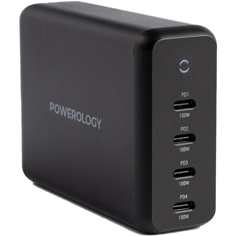 Powerology 165W GaN Desktop Charger with 4 USB-C PD Ports, Overload Protection, 100W Power Delivery, UK 3-pin Plug, 0%-60% Charge in 35 Minutes - Black