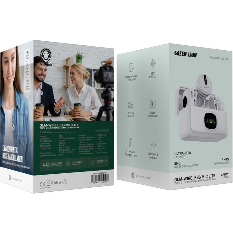 Green Lion GLM-Wireless Mic Lite with 7 Hours Working Time, Compatible with Type-C & Lightning & AUX Devices, 360° Pick Up, Type-C Charging Port, Ultra-Low Latency, ENC Noise Cancellation, 2× Microphones and 1× Receiver, 20m Working Distance, Digital Transmission - White