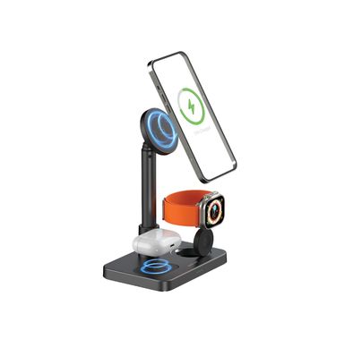 Green Lion 3-in-1 Telescopic Wireless Charger, MagSafe Compatible, 3-Level Telescopic Arm, Type-C Input Port, Phone, AirPods & Watch Wireless Charging, Ergonomic Design, Extendable Up to 37cm - Black