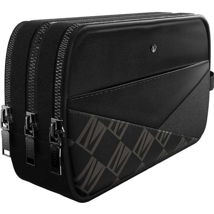 Levelo Poche Pouch with Head-Hang, Genuine Saffiano Leather Material, Multi Pockets, Cable Organizing Pocket - Black