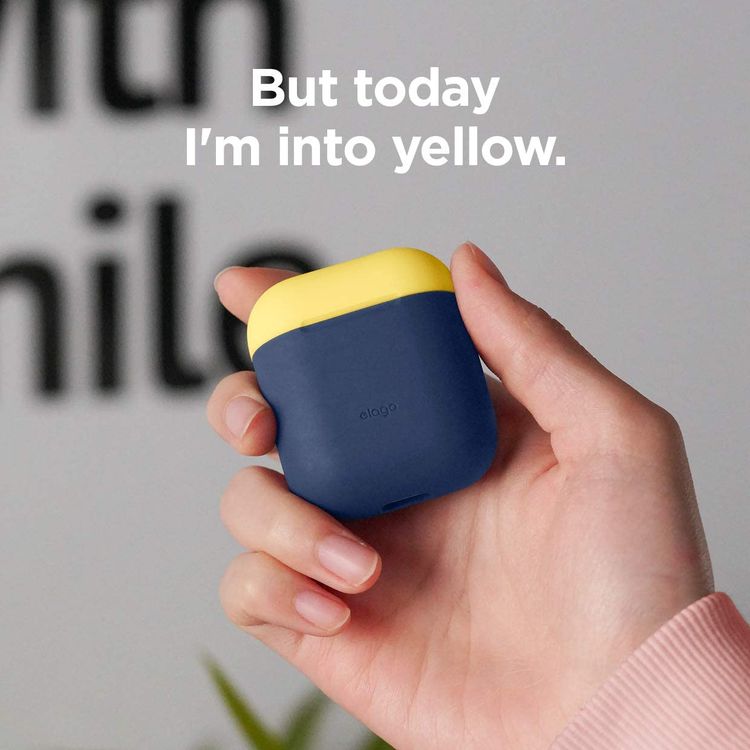 Elago Duo Silicone Case with Apple AirPods Case 1 & 2, Supports Wireless Chargers, Drop Resistant, Dustproof and Absorbing Protective Cover Body Jean Indigo / Top-Classic White, Yellow