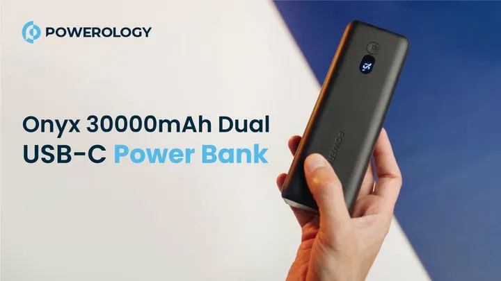 Powerology 30000mAh PD 100W Onyx Power Bank, Dual USB C and USB A, Built in Safeguards, Super Compact and Portable, Compatible with Laptops
