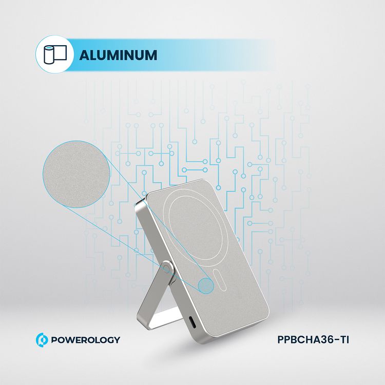Powerology 10000mAh Magsafe Glass Surface Power Bank, Compact Design, Type-C & Wireless output, Integrated Stand, Aluminum Material, 20W Power Delivery, Cable-Free - Titanium 