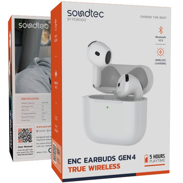 Porodo Soundtec Earbuds Gen 4 with Environmental Noise Cancellation, 5 Hours Play Time, 25m Transmission Range, Touch Control, Wireless Charging - White