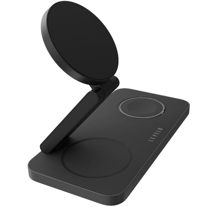 Levelo Quantum 3-in-1 Wireless Charger with 15W Phone Output, 5W AirPods Output, 3W iWatch Output, Strong N52 Magnet, LED Indicator, Compatible with MagSafe, Over Temperature Protection, Simultaneous Charging, Over Voltage Protection, Fast Charging, Foldable Design - Black