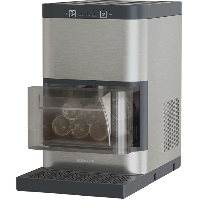 صانع كرات الثلج الكريستالية من جرين ليون بسعة خزان ماء 1.2 لتر، تبريد بالضاغط، صينية تقطير قابلة للإزالة، تنظيف ذاتي تلقائي، لوحة تحكم باللمس، تشغيل هادئ، تصميم يوضع على سطح العمل - فضي