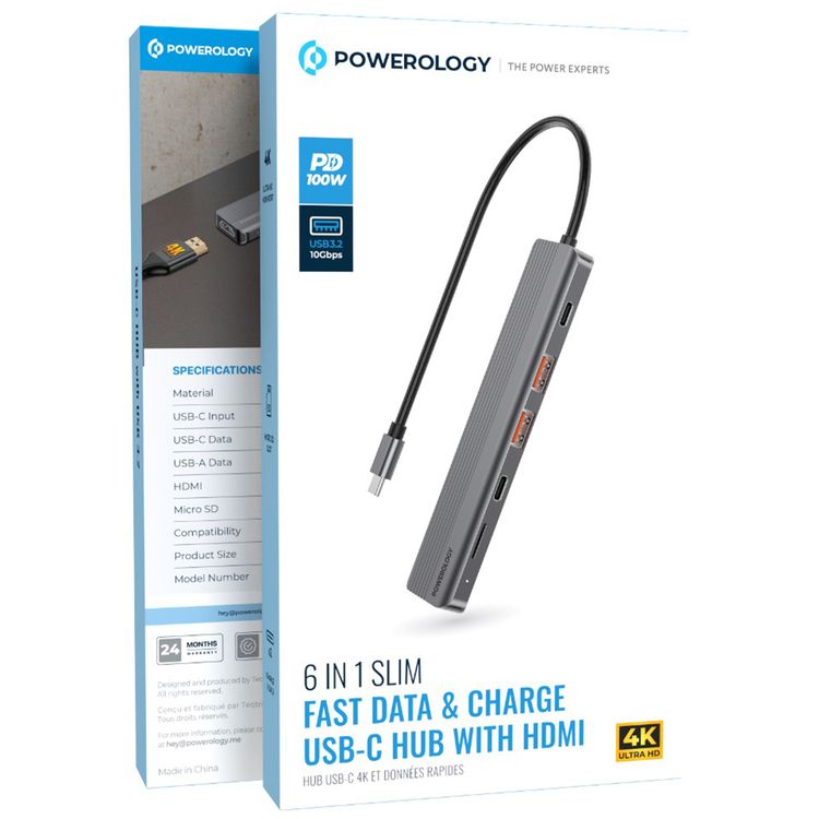 Powerology 6-in-1 Slim USB-C Hub with 4K Ultra HD HDMI, 100W PD, v3.2 10Gbps Super Speed USB-C Data, 2 x v3.2 10Gbps Super Speed USB-C Data, 4K UHD @ 60Hz HDMI, Supports v3.0 MicroSD, Fast Data & Charge - Gray