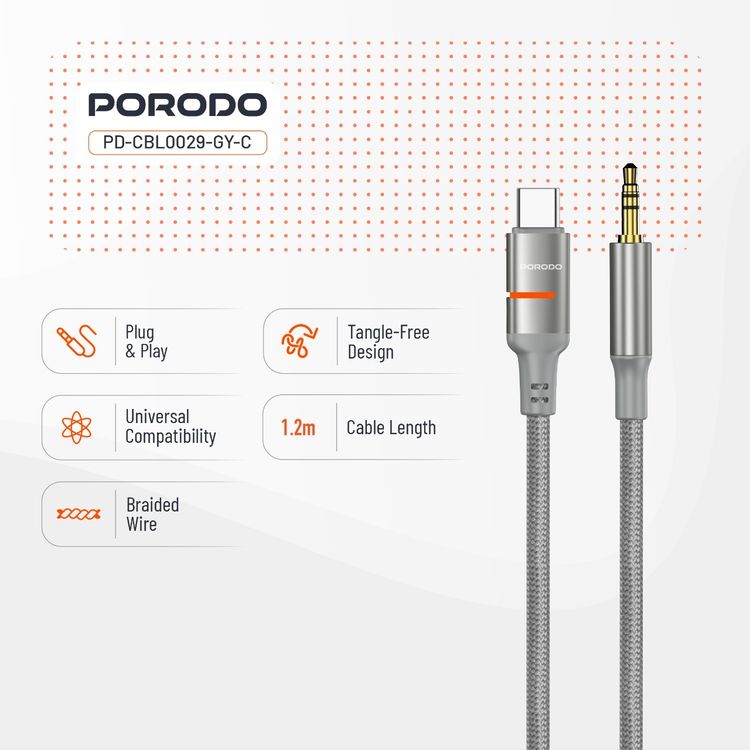 Porodo AUX to USB-C Cable with LED Light, 1.2m Cable Length, Universal Compatibility, Braided Cable Type, Tangle-Free Design - Gray