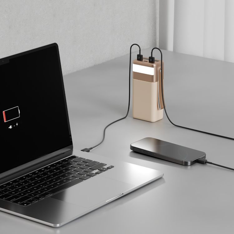 Green Lion Voyager 60 Power Bank 60000mAh PD 20W with Digital Display, Lanyard Strap, Multiple Protection, Built-in Flash Light, PD 20W Fast Charging, Multiple Protection - Beige