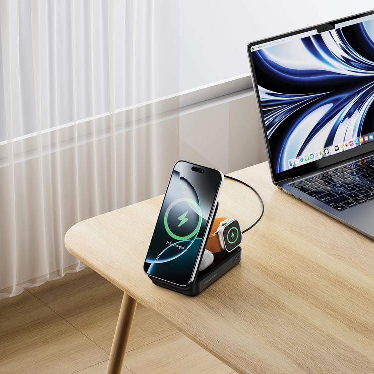 Powerology Kickvolt Portable Charging Stand 10000mAh Power Bank with 20W Max USB-C Output, 22.5W Max USB-A Output, 15W Max Wireless Phone Output, 5W Max Wireless Earbuds Output, 2.5W Max Wireless Watch Output, Simultaneous Charging, Strong Magnetic Hold, Portable Design - Black