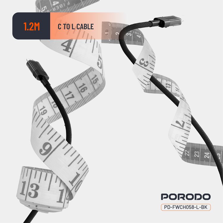 شاحن حائط سريع بمنفذين من Porodo مع كابل Type-C إلى Lightning مرفق، بقدرة 35 واط لنقل الطاقة، مزود بحمايات مدمجة، وشاشة رقمية، تيار أقصى بمقدار 0.8 أمبير، بتقنية GaN - لون أسود