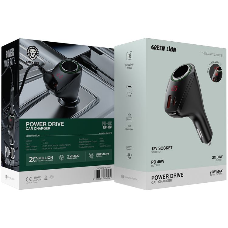 Green Lion Power Drive Car Charger with PD 45W, QC 30W, 12V Socket Splitter, USB-A & USB-C Ports, Heat Dissipation, Car Voltage Display - Black