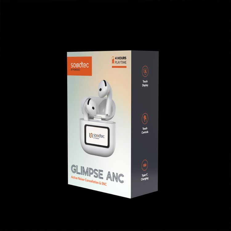 Porodo Soundtec Glimpse ANC Earbuds with Touch Display & Touch Control, 4 Hours of Play Time, Personalized App Control, High-Fidelity Audio, 300mAh Battery Capacity, 10m Transmission Range - White
