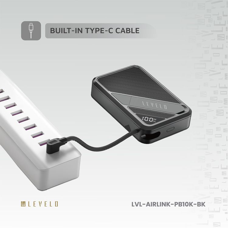 باور بانك Levelo Air Link 10000mAh MagSafe مع حامل وInt، وكابل إدخال/إخراج Type-C مدمج، وحامل مدمج، وشحن سريع Qi2 15 وات، وكابل قبضة، وشحن متزامن - أسود