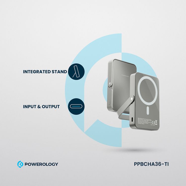 Powerology 10000mAh Magsafe Glass Surface Power Bank, Compact Design, Type-C & Wireless output, Integrated Stand, Aluminum Material, 20W Power Delivery, Cable-Free - Titanium 