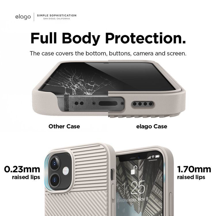 Elago Cushion Case Compatible w/ iPhone 12 Mini (5.4") Full Protection, Slim & Light, Shock Absorbing Design, Supports Wireless Charging, Raised Lip for Camera Protection - Stone