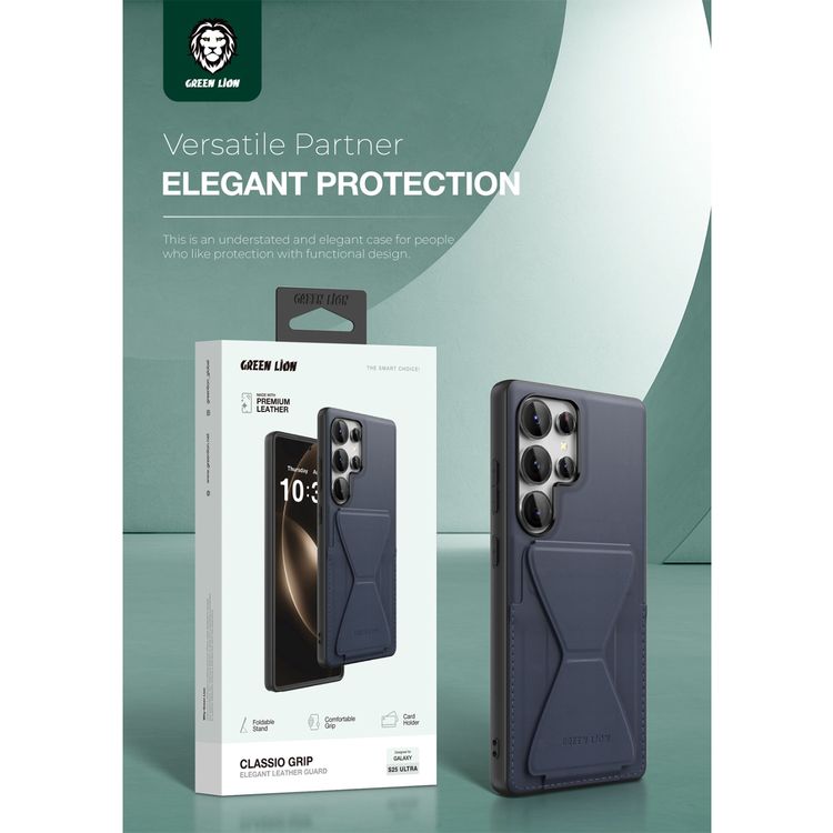 Green Lion Classio Stand Leather Case for Samsung S25 Ultra with Card Holder, Anti-Scratch, Foldable Stand, Comfortable Grip, Drop & Camera Protection - Blue