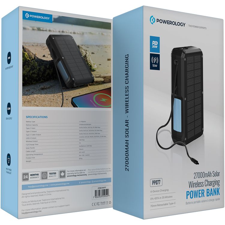 Powerology 27000mAh Solar Wireless Charging Power Bank with Simultaneous Charging, Multi-Mode Flashlight, 0% - 65% Charging in 35 Minutes, 70mm Cable Length - Black