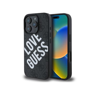 Guess PU 4G Hard Case with Big Love Guess Logo For iPhone 16 Pro Max, High Quality Material, Lightweight, Easy Snap-on - Black 