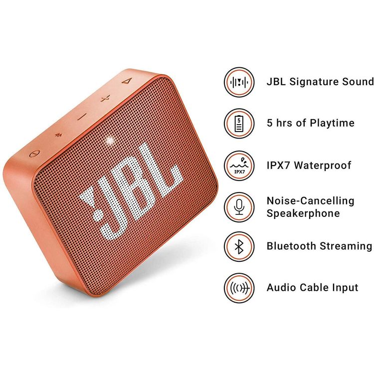JBL GO 2 Portable Wireless Bluetooth Speaker, 5-hours Playtime, IP67 Waterproof Feature, Speaker Built-in Noise-Cancelling Speakerphone - Orange