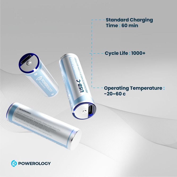 Powerology Rechargeable Lithium-ion AA Battery with 1460mAh Battery Capacity, 1.5V Operating Voltage, Type-C Port, Over 1000 Life Cycles, 2200mWh Battery Power - White