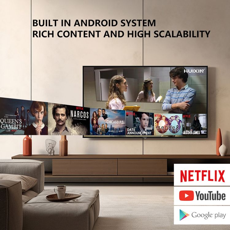 Powerology 4K Break-Proof Android TV 55", Bluetooth 5.0, 150W, Quad-Core ARM Cortex-A53 CPU, UK 3-Pin Plug, x3 HDMI, x1 VGA, x1 Coaxial - Black