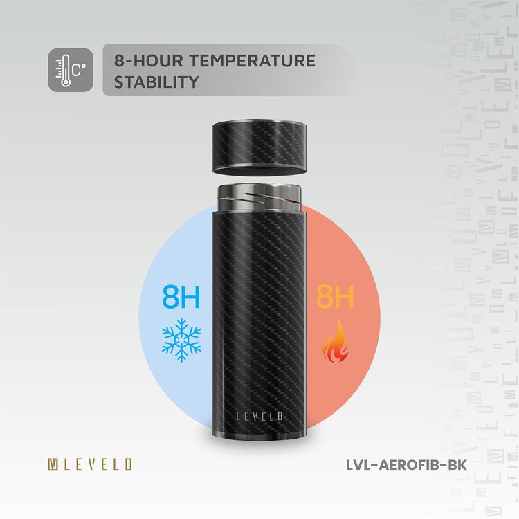 Levelo AeroFiber 350mL Carbon Fiber Bottle, Dual 100°C Heat Resistant, BPA-Free, Leak-Proof, 8-Hour Temperature Stability, Scratch-Resistant Carbon Fiber, Odor-Free - Black
