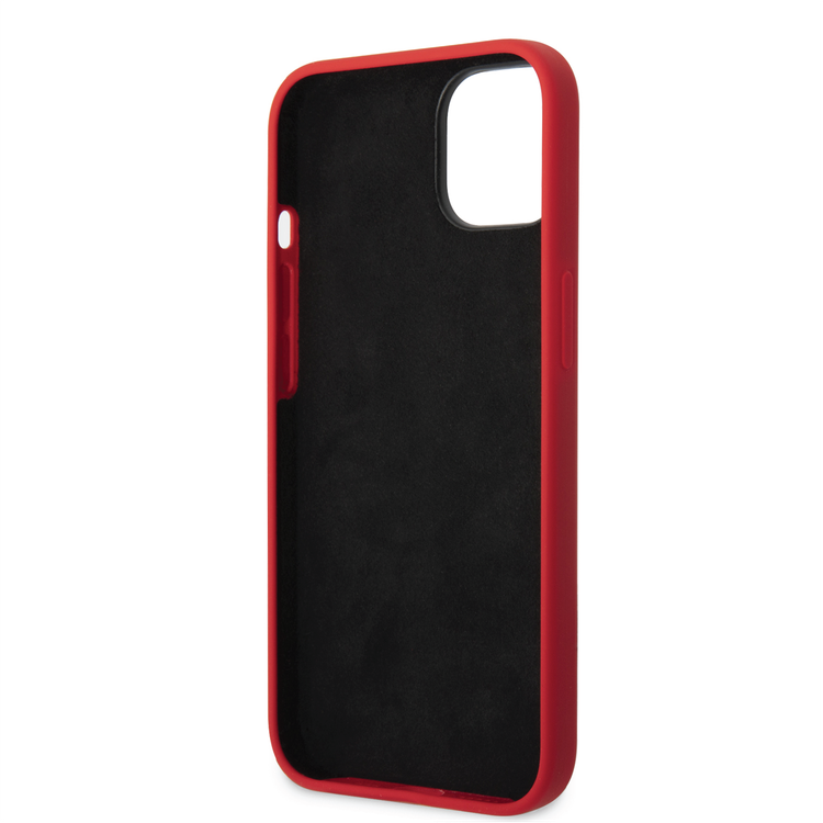 Ferrari Liquid Silicone Case with Black Camera Outline & Metal Logo iPhone 14 Compatibility - Red