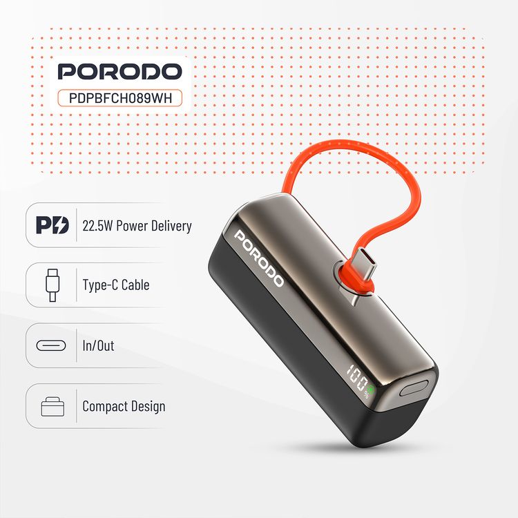 Porodo Pocket Volt 5000mAh Power Bank with Built-in Type-C Connector, 22.5W Power Delivery, Fast Charging Support, Compact Design, 15W Total Output - Black