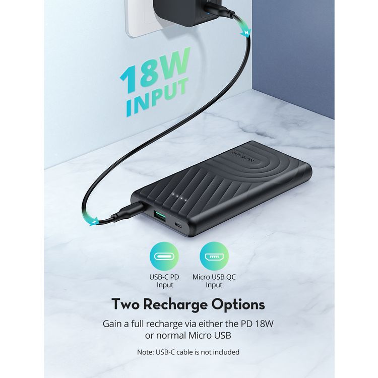RAVPower 2-Port PD Pioneer Power Bank 10000mAh 18W USB-A QC, USB-C Port POwer Delivery 18W, iSmart Fast Charging Technology, Pocket Size Portable