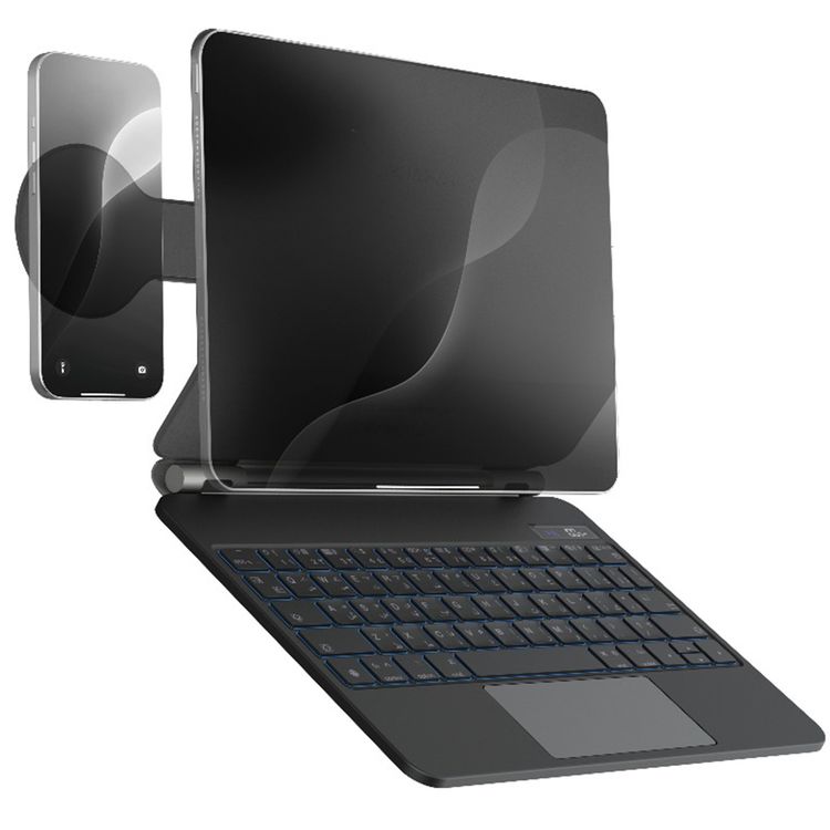 Powerology Dynaboard Wireless Keyboard Case for iPad Pro 11" (M4), MagSafe Phone Holder, Touch Pad, Multimedia Keys, 500mAh Battery Capacity, 8 Days Working Time, 2.5 Hours Charging Time, Easy Pencil Access, Bluetooth Version 5.1, 10m Transmission Range, Snap-On Attachment - Black