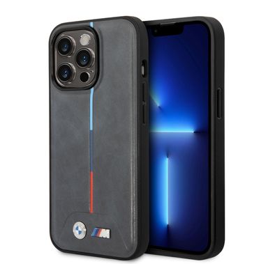 BMW M Collection Magsafe Compatibility Quilted PU Case with Hot Stamped Tricolor Stripe iPhone 14 Plus Compatibility - Gray