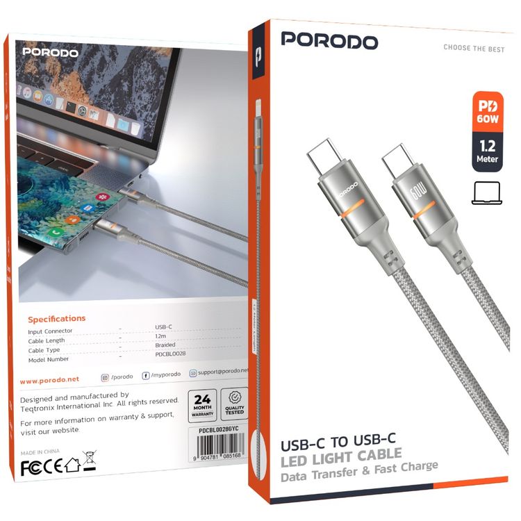 Porodo USB-C to USB-C LED Light Cable with 60W Power Delivery, 480Mbps Transfer Speed, 1.2m Cable Length, Fast Charging & Data Transfer, Braided Wire - Gray