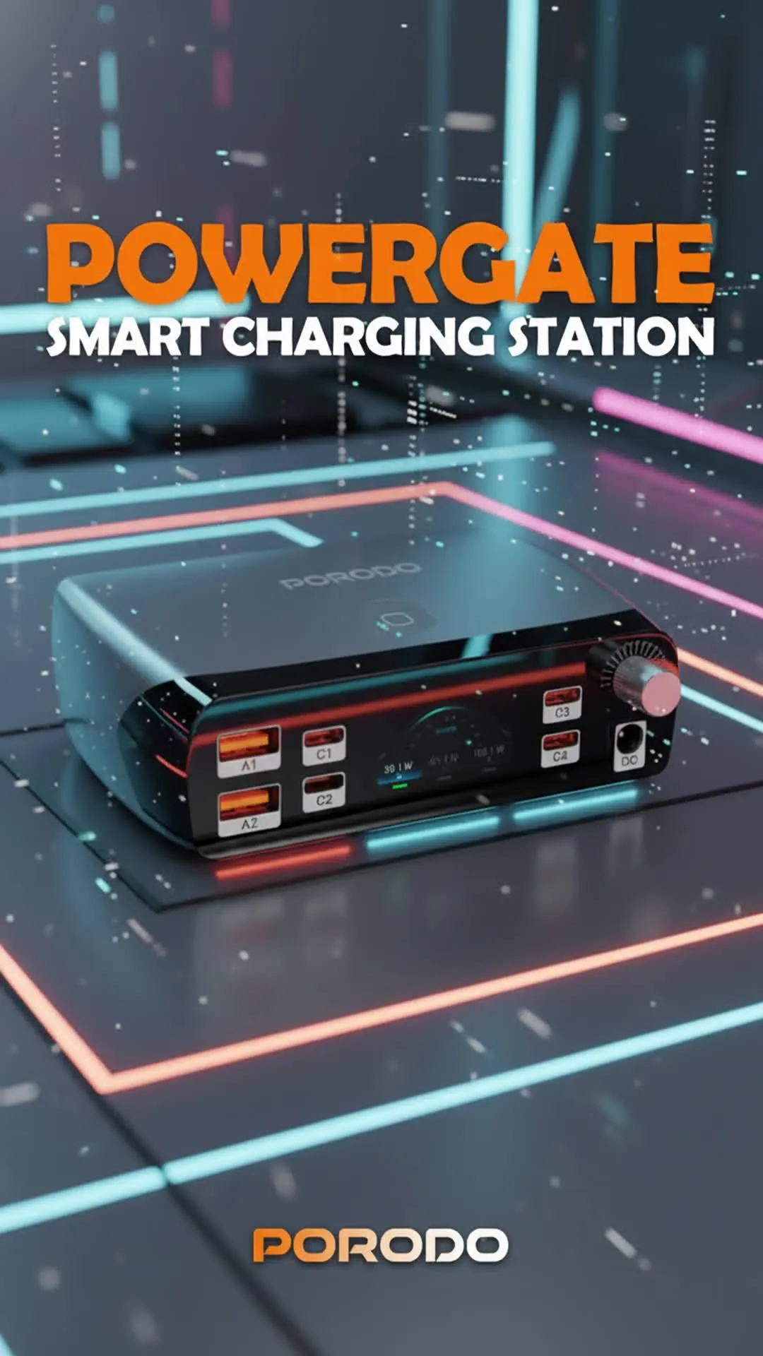Porodo Powergate Smart Power Station with 7-Port GaN Technology, 252W Total Output, 100W Max USB-C1 & C2 Output, 45W Max USB-C3 & C4 Output, 12W Max USB-A1 Output, 30W Max USB-A2 Output, Universal Device Support, Smart Power Distribution, Multi-Device Charging, Real Time Display - Black