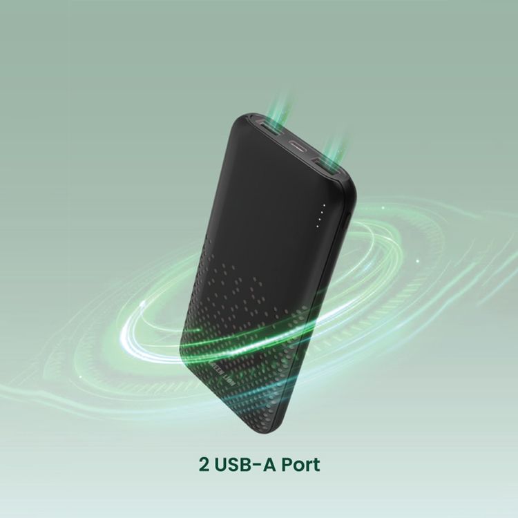 Green Lion Rome 10000mAh Power Bank with 2× USB-A Ports, Type-C & Micro Input, Long Life Battery, ABS & PC Material, Lightweight & Ultra Slim Design - Black