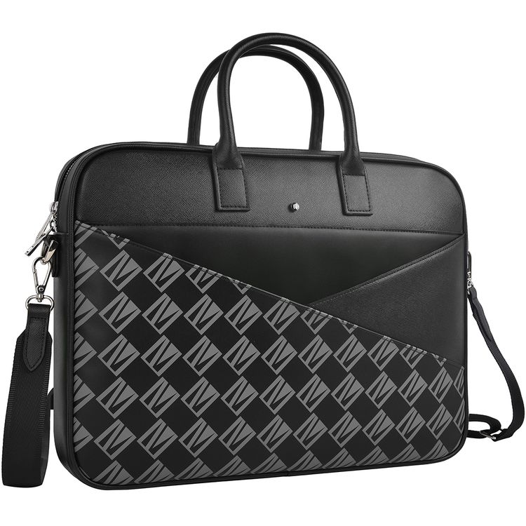 Levelo Belfort 16" Laptop Sleeve with LVL Signature Logo, Saffiano Leather Material, Water Resistant, Adjustable Shoulder Strap, Multiple Compartments,  Carrying Handles - Black