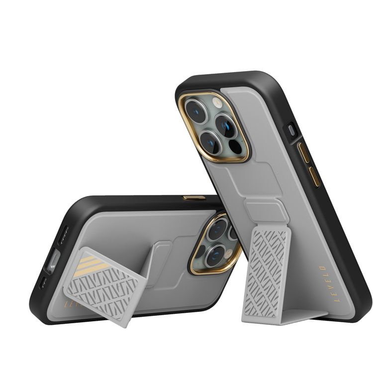 جراب Levelo Morphix Cuero Gripstand لهاتف iPhone 15 Pro، أوضاع متعددة، جلد PU، حواف مقاومة للصدمات - رمادي