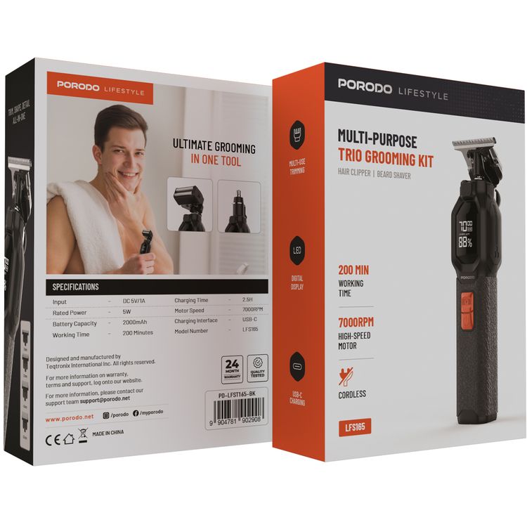 Porodo Multi-Purpose Trio Grooming Kit with Hair Clipper & Beard Shaver, 5W Rated Power, 200 Minutes Working Time, 4 Combs, 2000mAh Battery Capacity, LED Digital Display, 7000RPM Motor Speed, USB-C Charging - Black