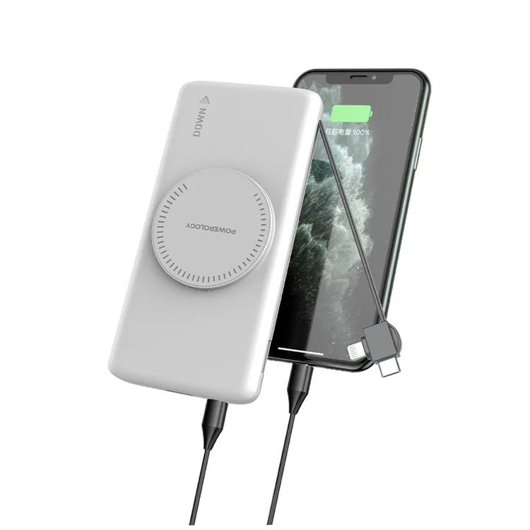 Powerology 4-in-1 Power Station with 10000mAh Battery Capacity, Built-In Cable, Rapid Re-Charging Station, 20W Power Delivery, 15W Wireless Output, Built-in Safeguards - White