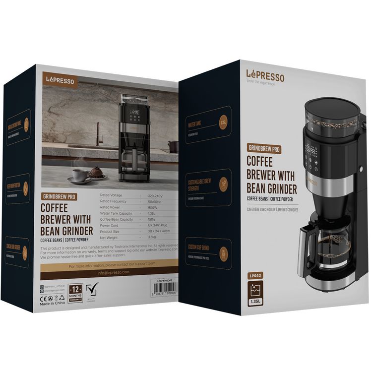 آلة تحضير القهوة LePresso مع طاحن الحبوب وسعة خزان ماء 1.35 لتر، قوة تخمير قابلة للتخصيص، طاقة مقيمة 900 واط، وظيفة الحفاظ على السخونة، لوحة تحكم رقمية - أسود