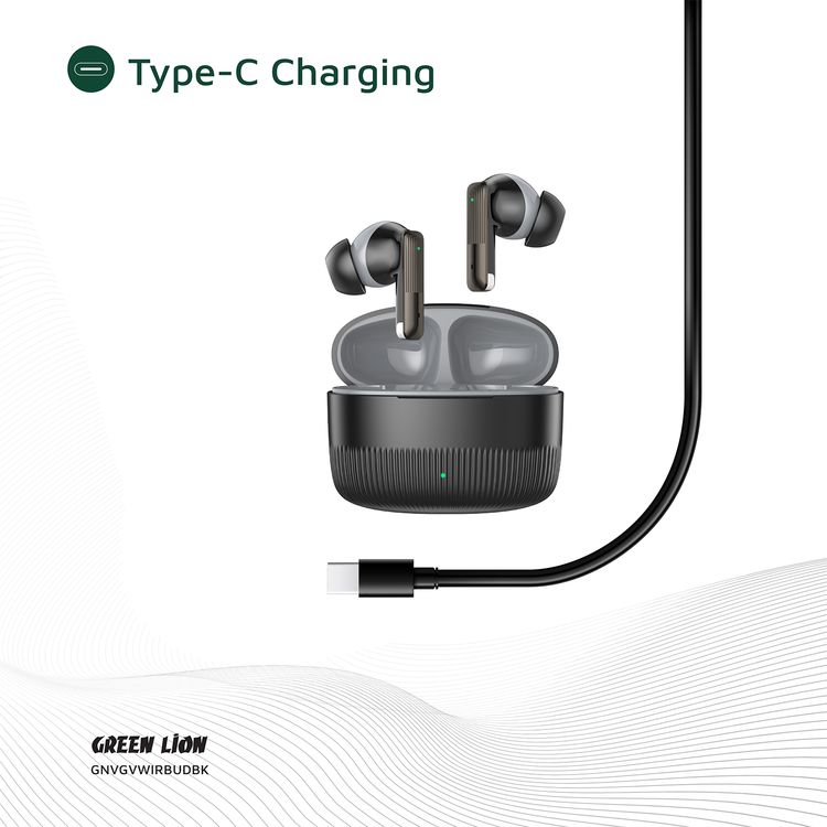 Green Lion Vancouver True Wireless Earbuds with Dual Microphones, 200mAh Charging Case & 25mAh Earbuds Battery, Up to 4 Hours Play Time, Bluetooth Version 6.0, 12m Transmission Range - Black