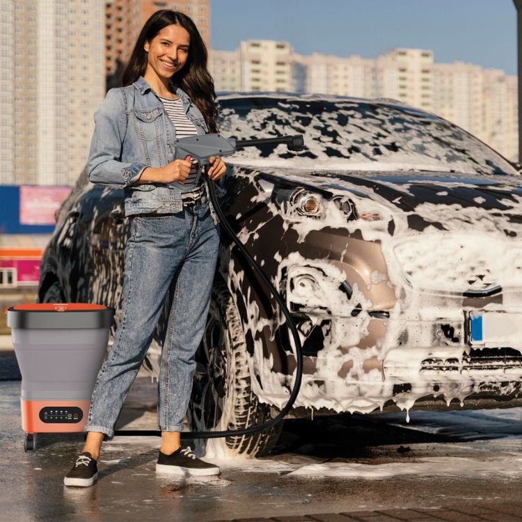 Porodo Aquaspray Multifunctional Pressure Washer with Foam Dispenser, 3m Water Pipe Length, 260W Rated Power, 15L Water Reservoir Capacity, 3000mAh Battery, Easy Transport Wheels, Foldable & Portable Design - Orange