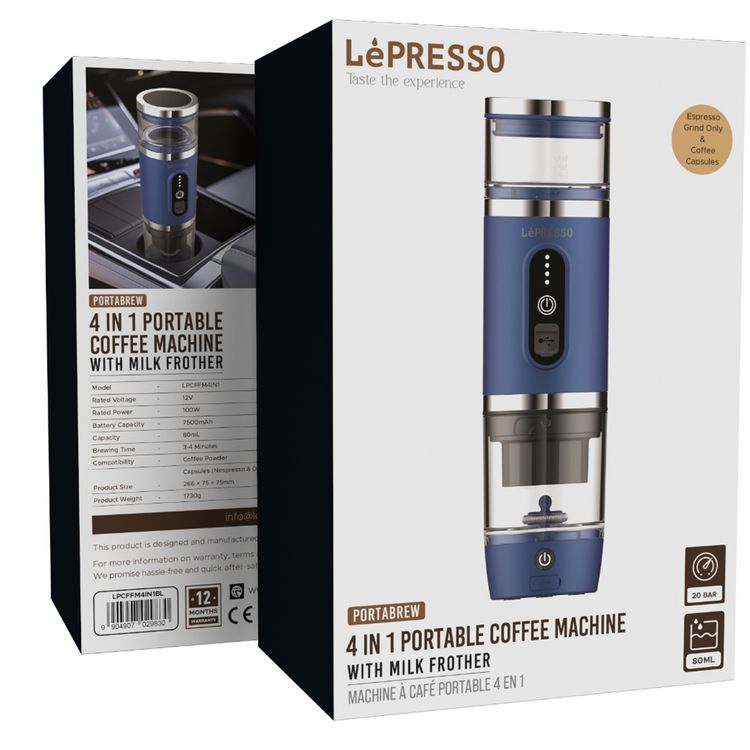 LePresso 4-in-1 Portable Coffee Machine with Milk Frother, 80mL Capacity, 20BAR Pressure, 2500mAh Battery Capacity, 100W Power, Compatible with Coffee Powder & Capsules, 3-4 Minutes Brewing Time - Blue