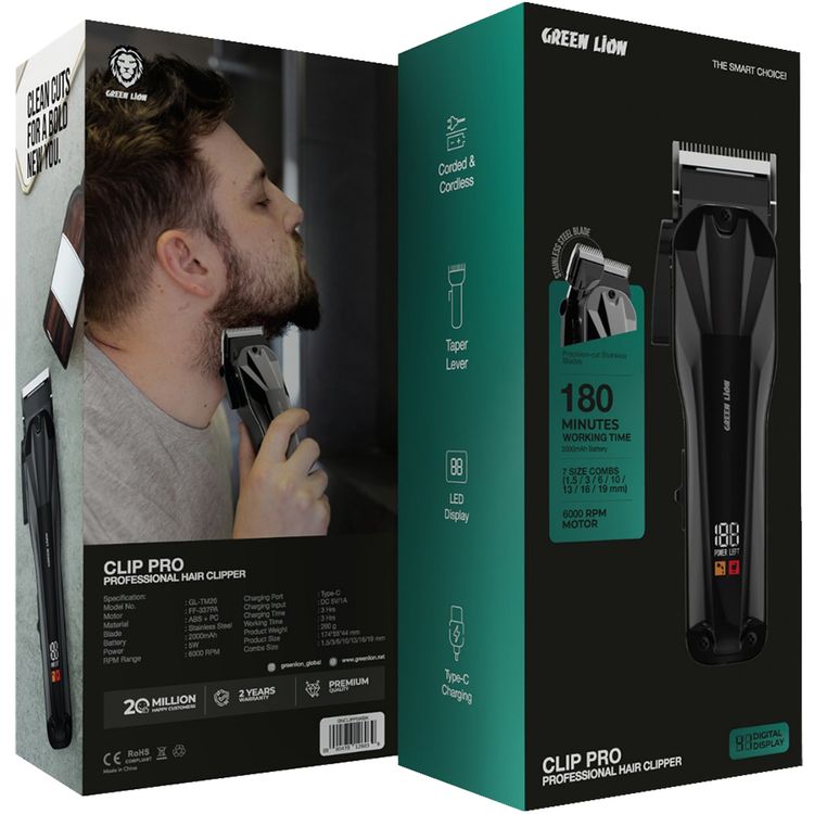 Green Lion Clip Pro Professional Hair Clipper with Taper Lever & LED Display, 3 Hours Working Time, Corded & Cordless Functionality, 6000 RPM Power, Stainless Steel Blade, 2000mAh Battery Capacity, Includes 1.5, 3, 6, 10, 13, 16, 19mm Comb Sizes - Black