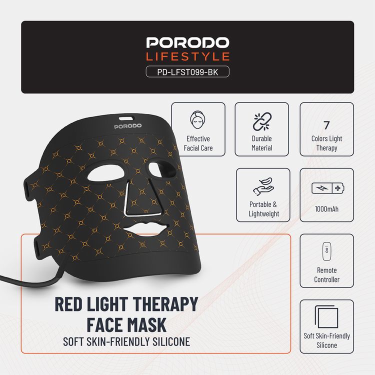 Porodo Lifestyle Red Light Therapy Face Mask with Portable Battery Connection, Type-C Charging Cable, 1000mAh Battery Capacity, 7-Color Light Therapy - Black