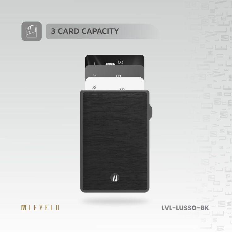 حامل بطاقات Levelo Lusso MagSafe مع مغناطيس MagSafe قوي، جلد PU سافيانو، 3 فتحات للبطاقات، زر منبثق للبطاقات - أسود