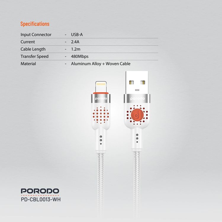 Porodo Aluminum Alloy Braided Cable USB-A to Lightning 1.2, 480Mbps Transfer Speed, 2.4A, more than 15000 Bends Life Span, Tangle Free - White