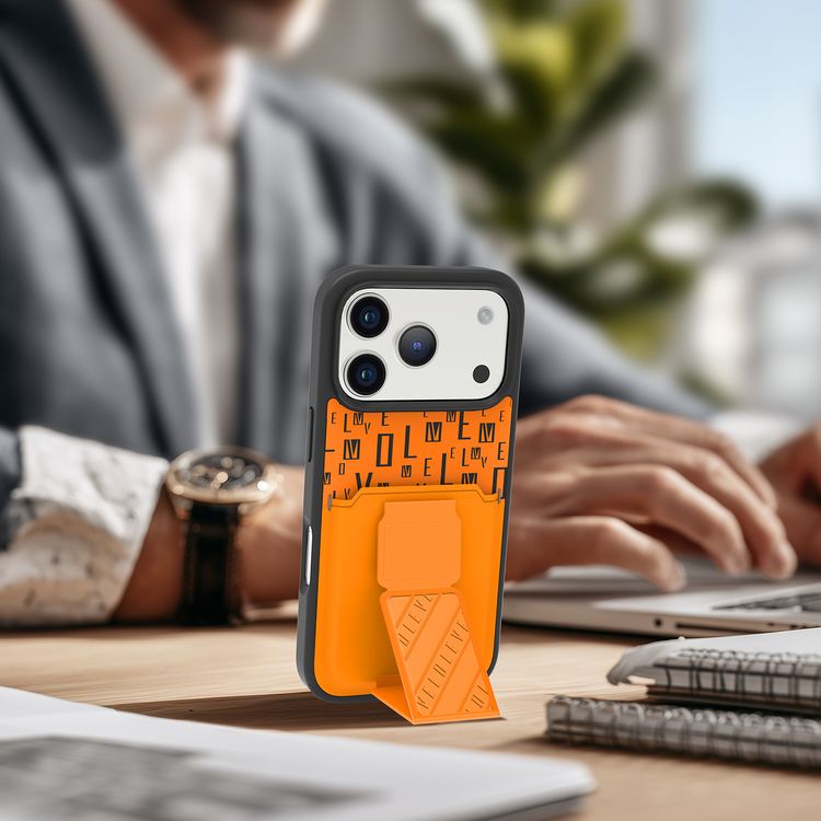جراب Levelo Morphix GripStand مع حامل البطاقات لجهاز iPhone 17 Pro، تصميم فاخر مطبوع، ممتص للصدمات، حواف مرتفعة لحماية الكاميرا والشاشة، حامل مغناطيسي - لون برتقالي شروق الشمس.