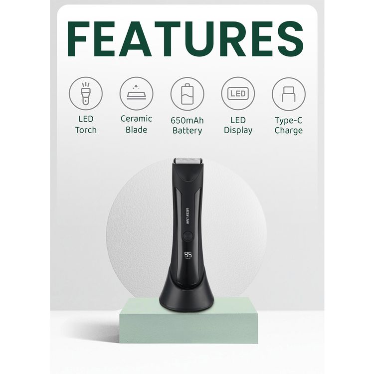 Green Lion Sensitive Area Trimmer with 90-Minutes Working Time, LED Display, 600mAh Battery Capacity, Water-Resistant, Ceramic Blades, 2 Hours Charging Time - Black 